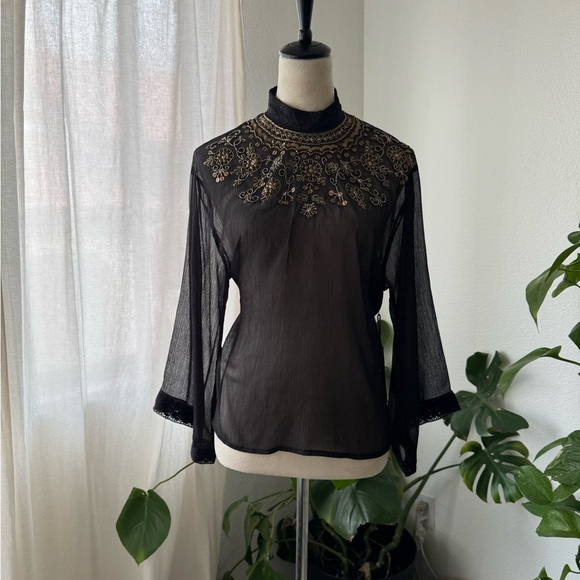Black Embellished Sheer Bell Sleeve Blouse - Picture 1 of 5